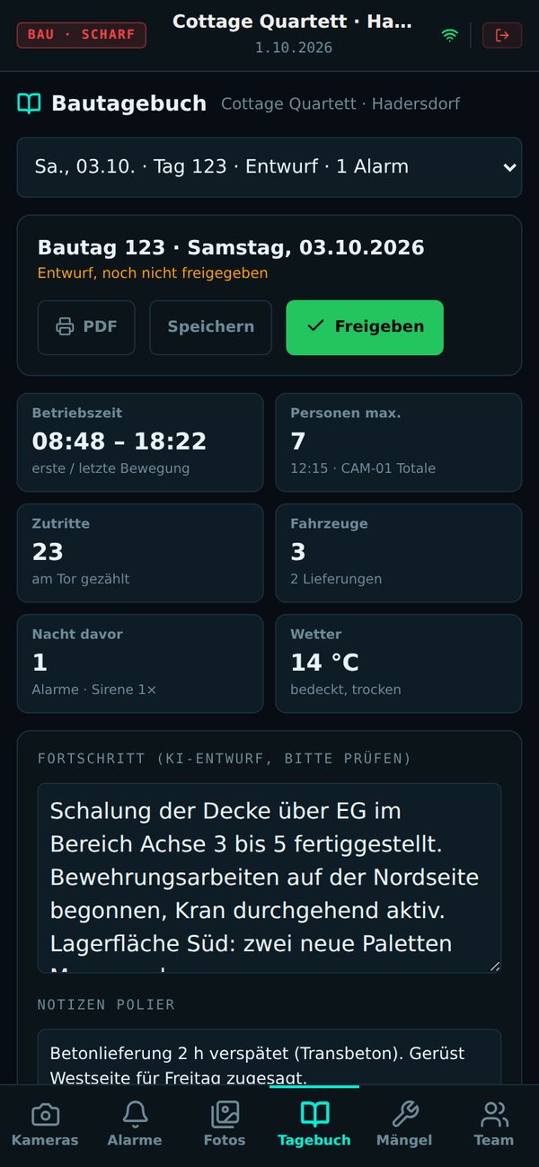 Bautagebuch in der VIGENYX-App am Handy