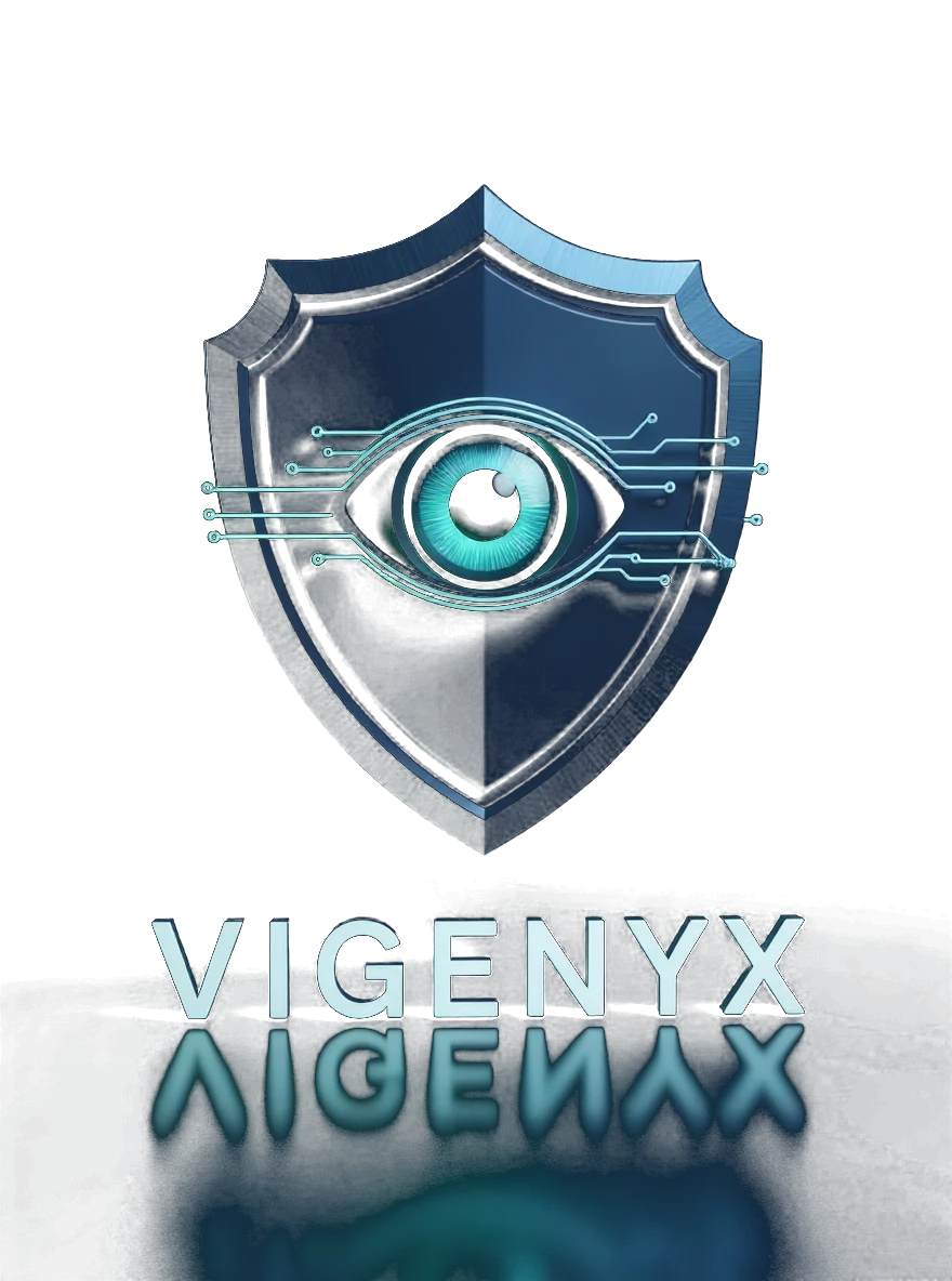 VIGENYX Logo: Schild mit Auge und Leiterbahnen
